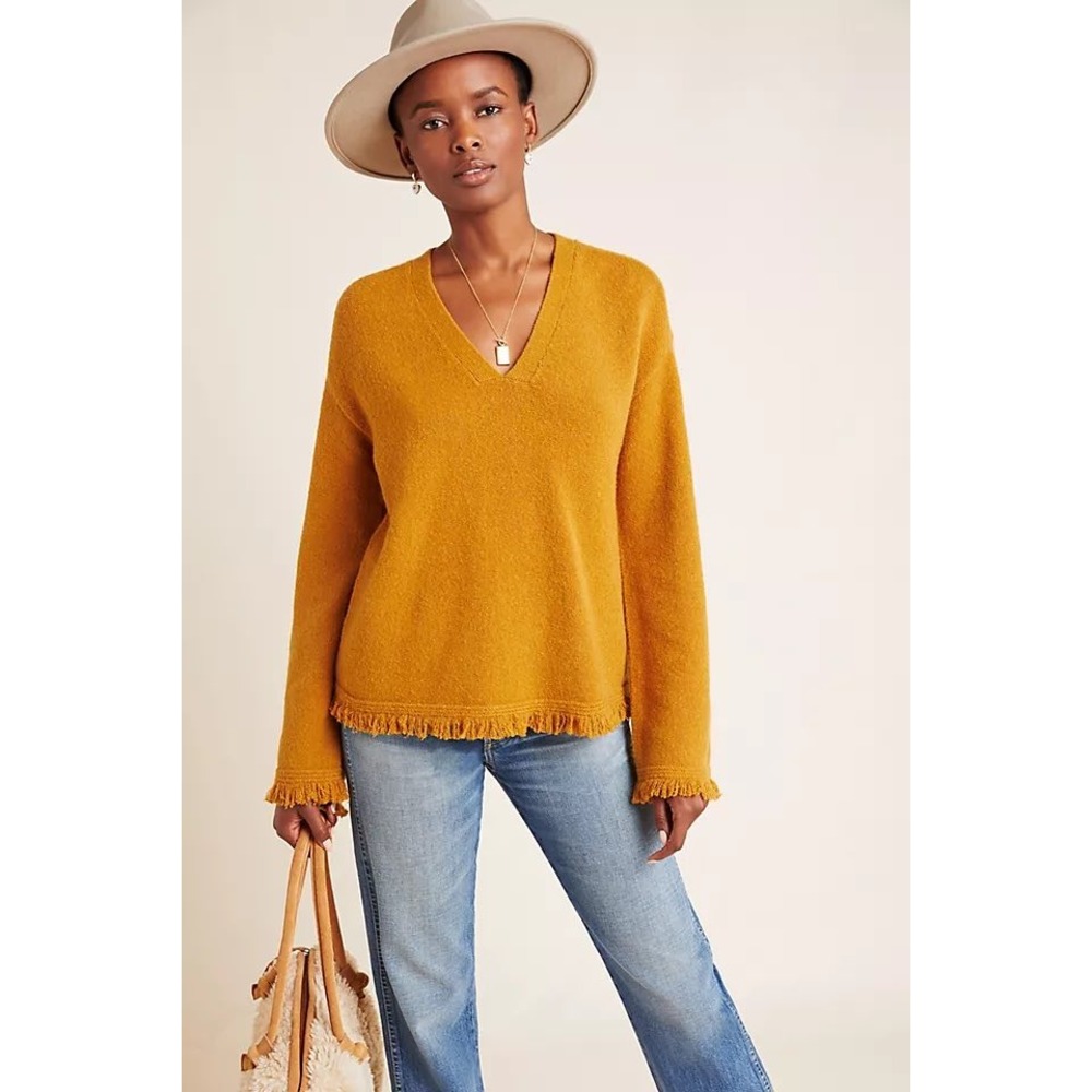 Anthropologie Joy Fringed V-Neck Sweater Mustard Size S